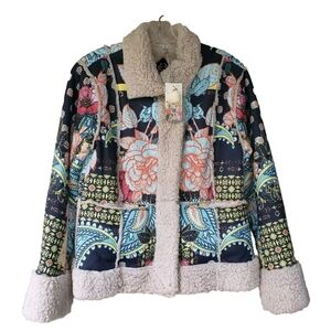 Johnny Was Biya Jacket Small Multicolor Floral Boho Faux Sherpa Snap Up *SEE*